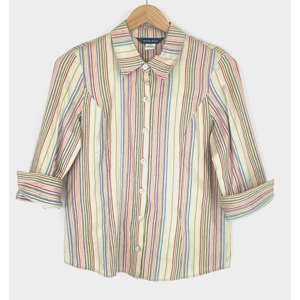 Austin Reed Womens Size 14 Silk Striped Button Down Shirt Long Sleeve Multicolor